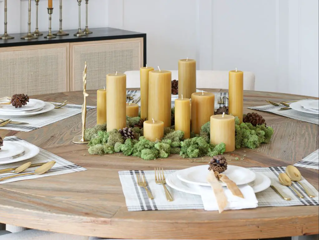beeswax candles on a table.