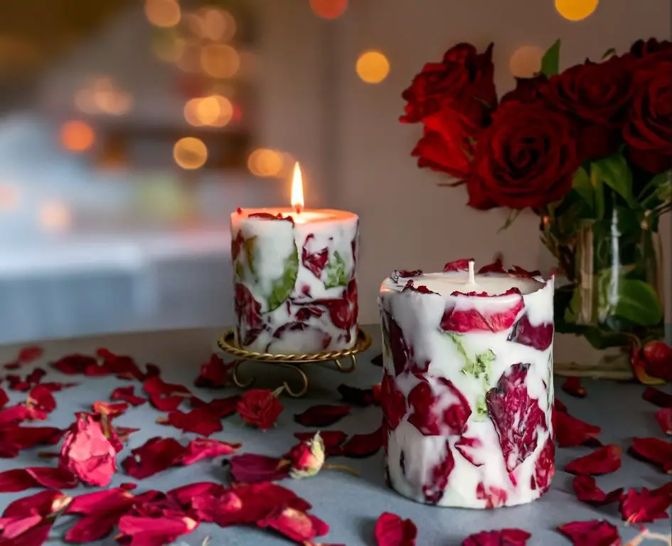 candle decorated with assorted flower petals