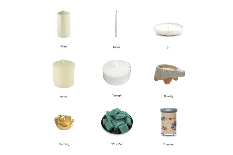 common candle types include tapers, pillars, and floating.