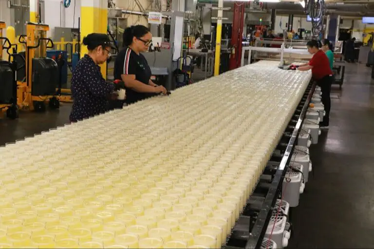 factory worker inspecting wax.
