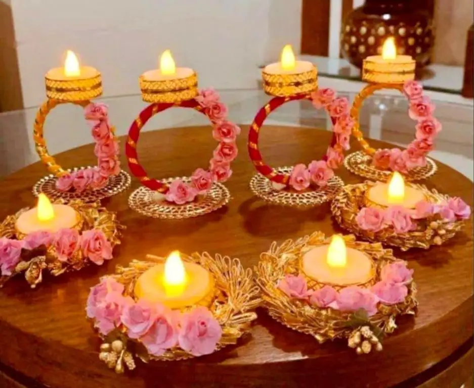 itc fiama diya shaped candles displayed in a home decor setting.