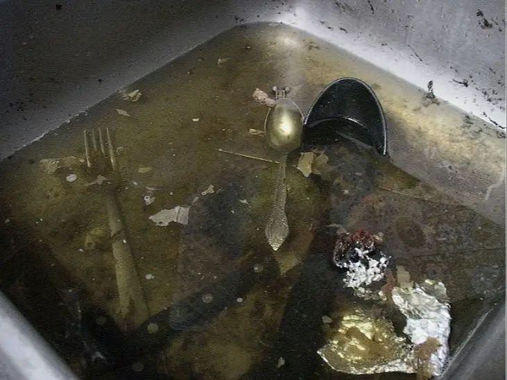 sink with clogged drain full of dirty water