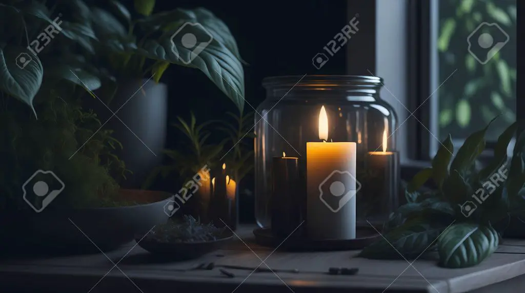 a jar candle burning on a windowsill.