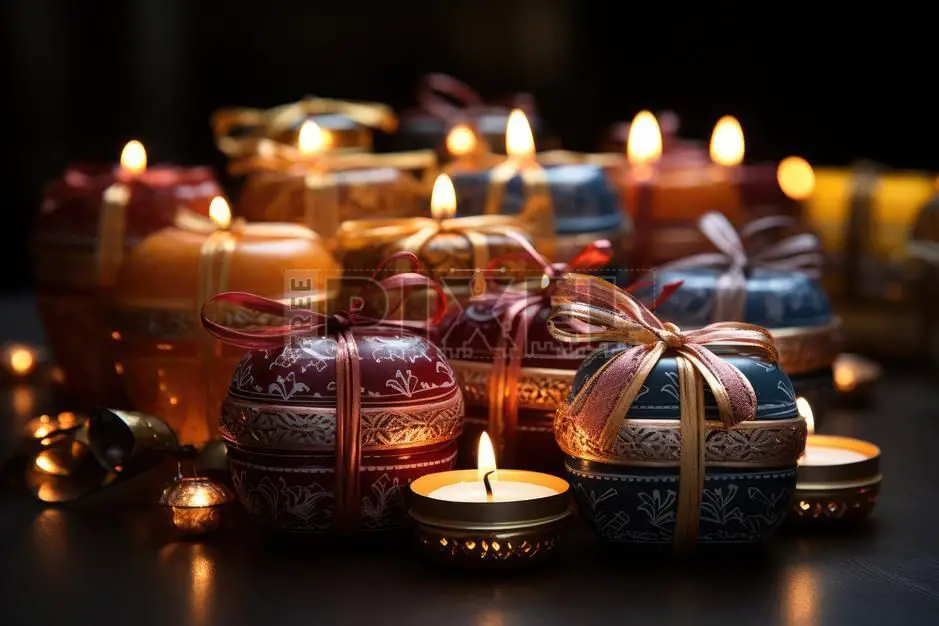 a row of different colored candles in glass jars.