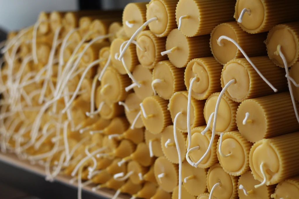 beeswax wick braided in a spiral shape.