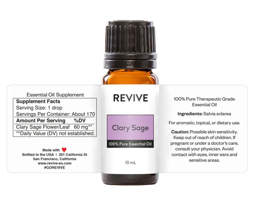 clary sage essential oil bottle with warning label not to use during pregnancy.