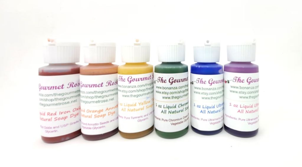 image of an assortment of liquid soap dyes in various colors