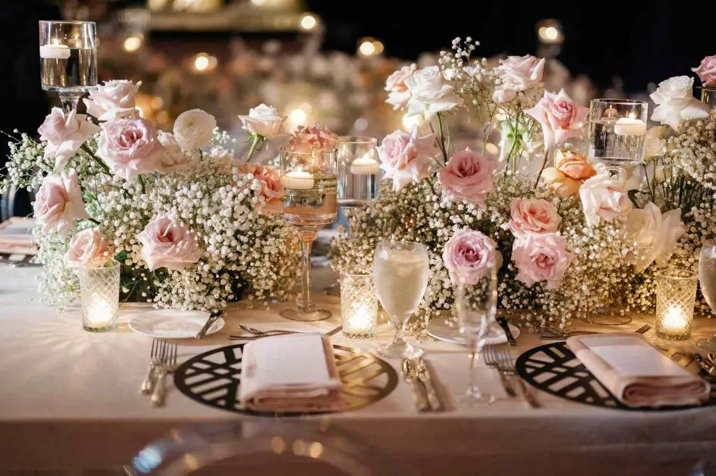 photo collage of pillar candles, votive candles, and candelabras used to decorate wedding reception tables