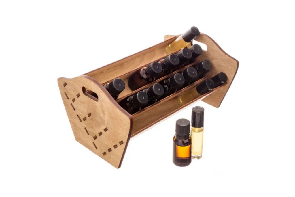 row of essential oil bottles on a counter.