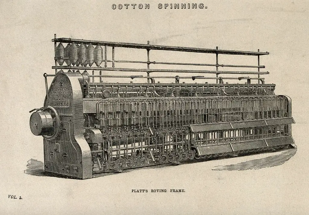 spinning machines that twist cotton fibers into wick yarn.