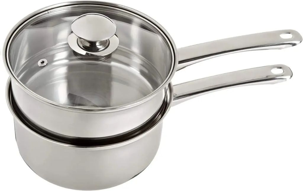 stainless steel double boiler with lid and handles.