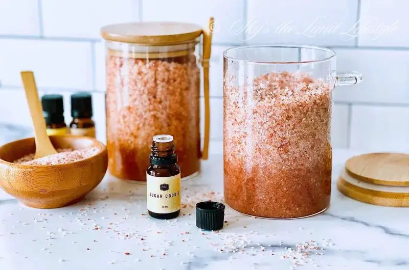 the main ingredients needed to make himalayan salt scrub are pink salt, carrier oil, essential oils, herbs and spices.