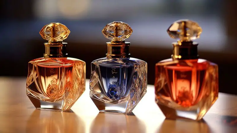 various perfume bottles with caramel coloring arranged on a table.