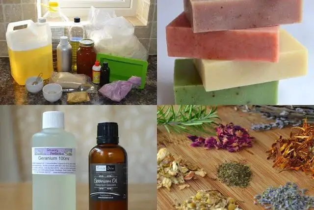 various soap making ingredients and materials organized neatly