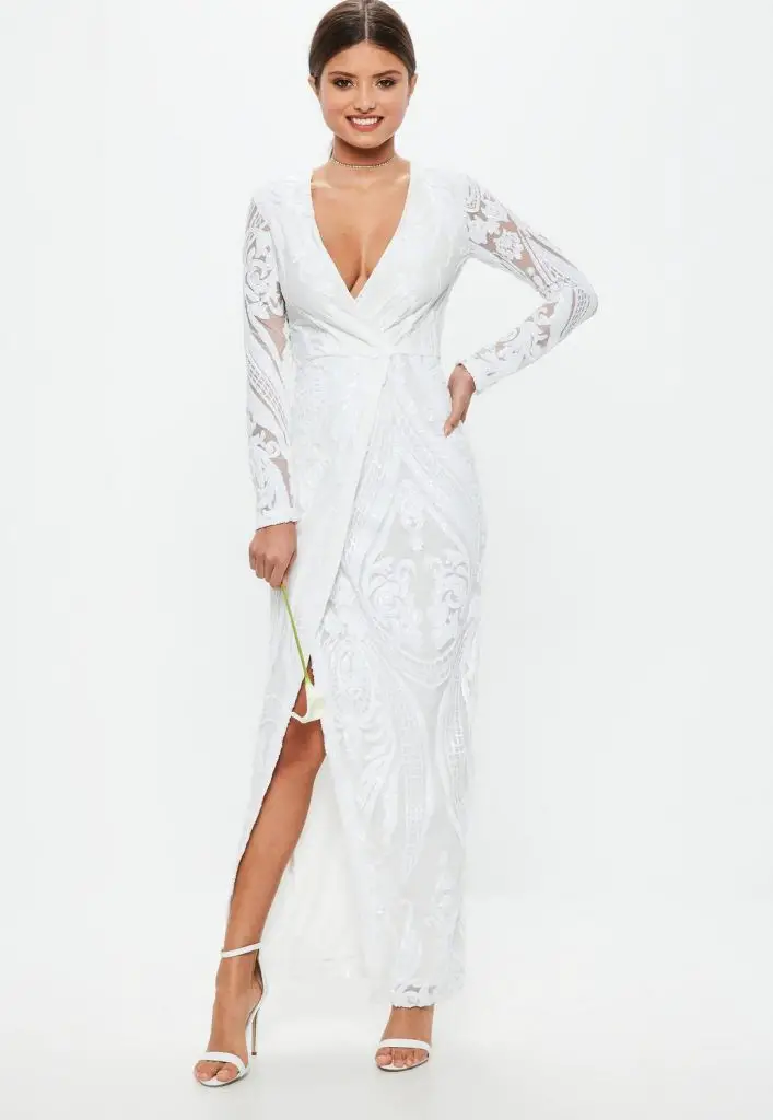 Bridal White Sequin Embellishment Wrap Dress – $300