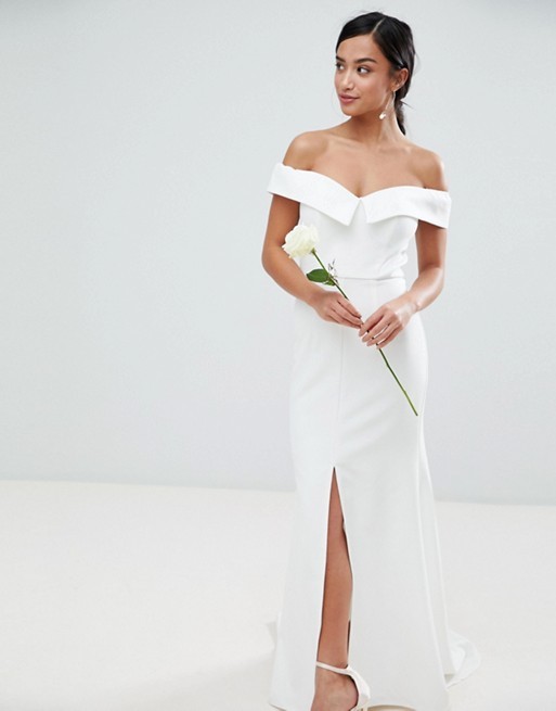 Jarlo Petite Bardot Maxi Dress With Thigh Split And Train Detail – $218