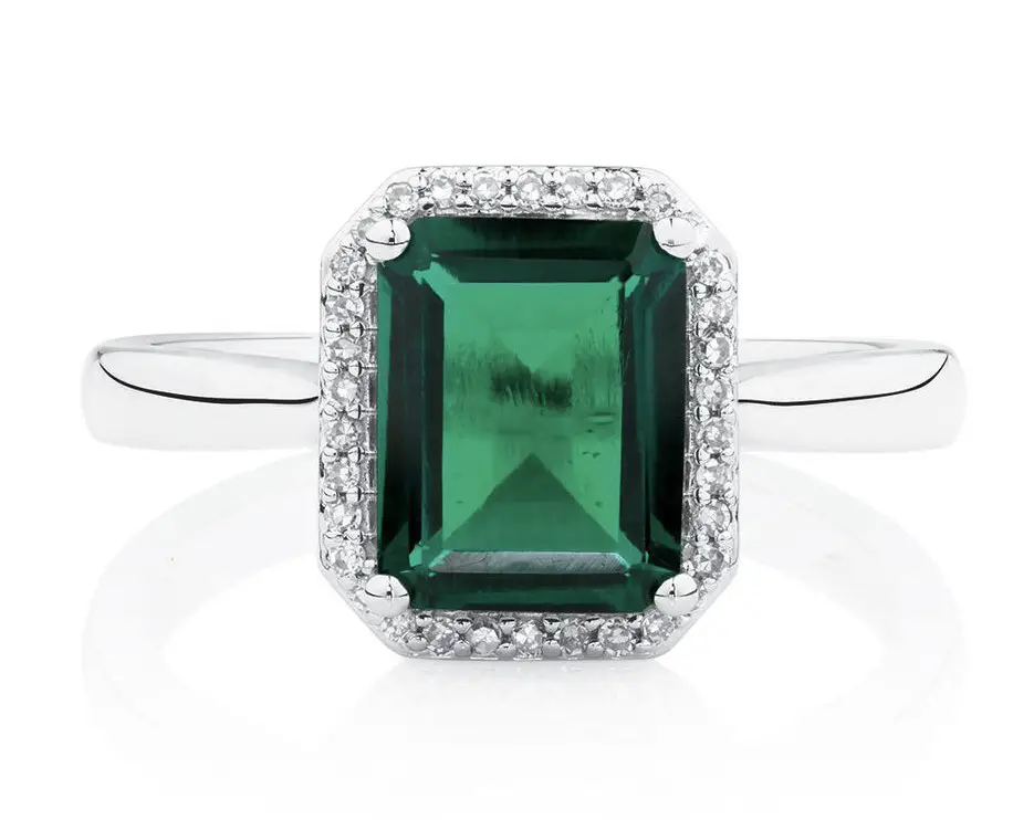 Ring with Created Emerald & Diamonds (White Gold)