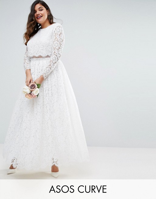 ASOS EDITION CURVE BRIDAL Lace Long Sleeve Crop Top Maxi Dress – $238