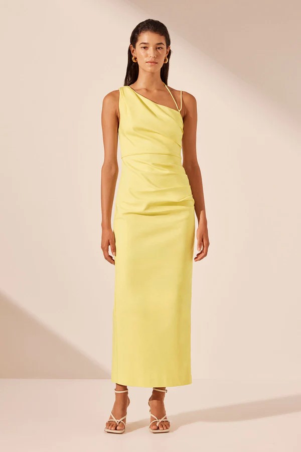 Shona Joy: Lani Asymmetrical Gathered Midi Dress – Lemon