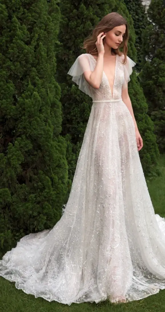 Flounce Sleeve Beaded Gown