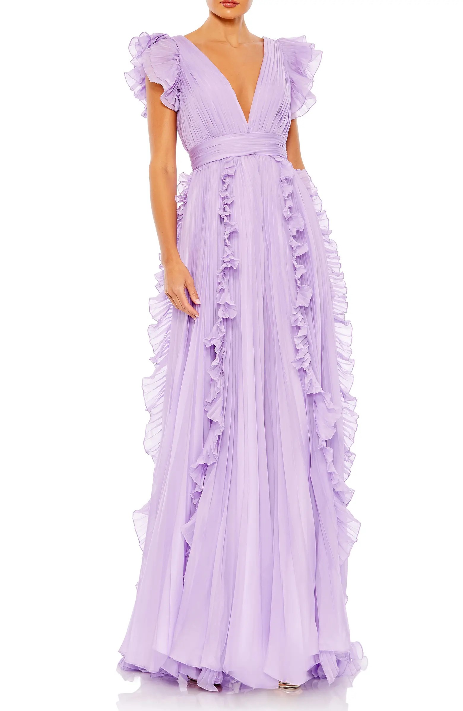 Stand out in a vibrant gown enhanced with ruffles and micro pleats. Since pastels do have a tendency to look flat, pairing them with texture works wonders.