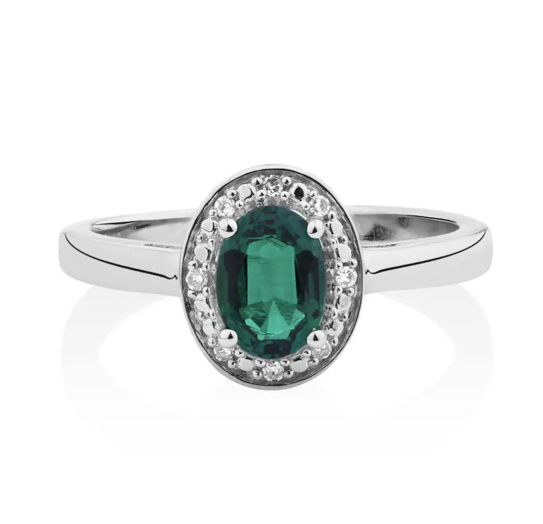 Halo Ring with Created Emerald & Diamonds (Sterling Silver)