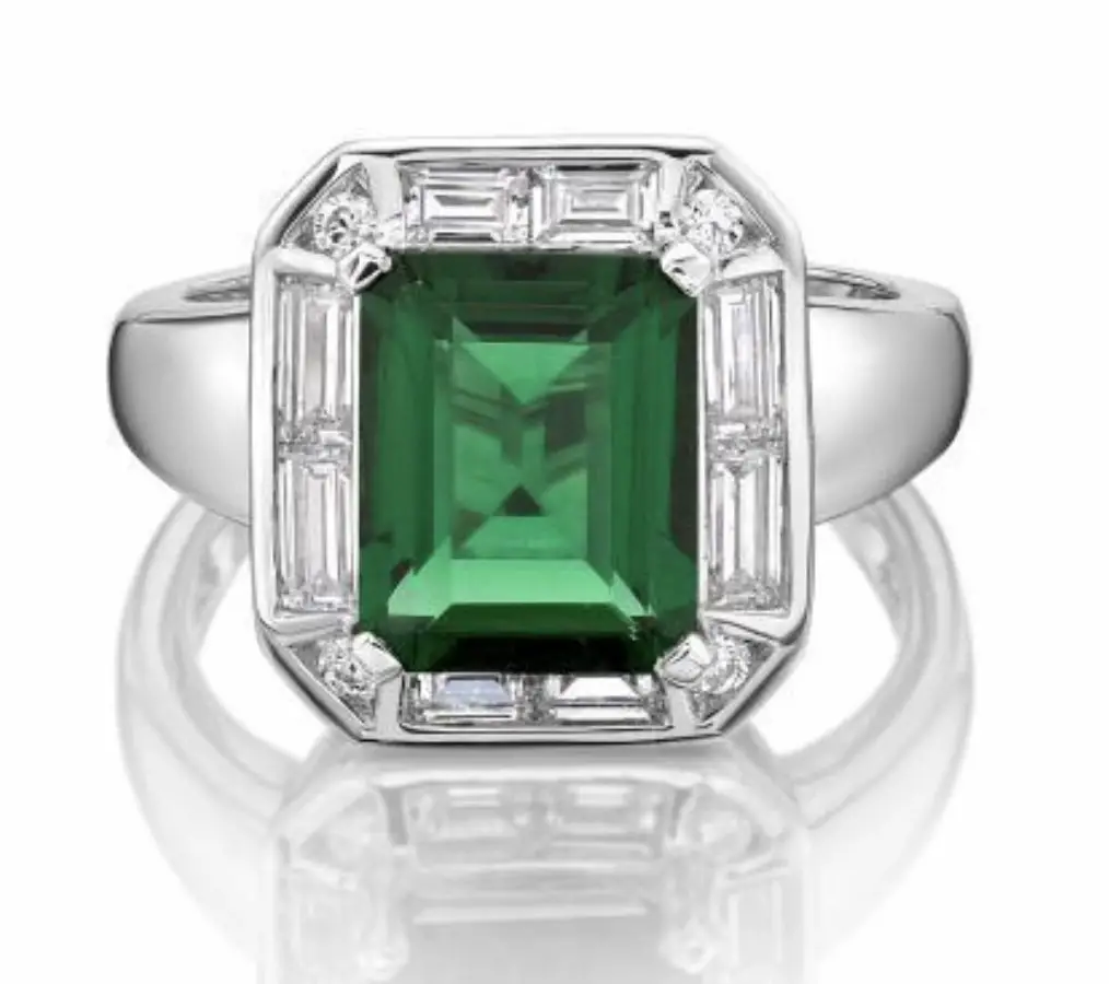 Emerald & Baguette Cut Claw Set Dress Ring (White Gold)